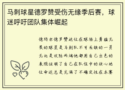 马刺球星德罗赞受伤无缘季后赛，球迷呼吁团队集体崛起